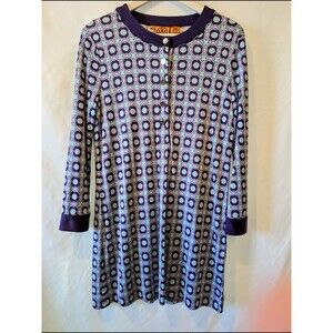 Tory Burch Silk Jersey Shift Dress Purple Teal Geometric Logo Button Mini Medium